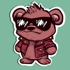 Illustration of a tough brown bear wearing a leather jacket and a pair of sunglasses. Vector of a metalhead teddy bear 