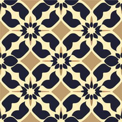 Captivating art nouveau pattern, showcased on a brown background with intricate black and white tilework, forming a repeating fabric design.