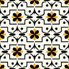Fototapeta premium Repeating fabric pattern on a white background, featuring a black and yellow flower pattern. The design is seamless and visually striking.
