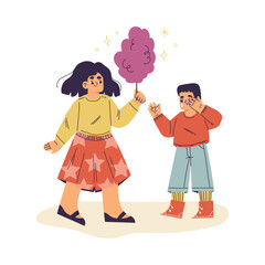Little Girl Give Candy Floss to Boy Supporting and Comforting Sad Friend Vector Illustration