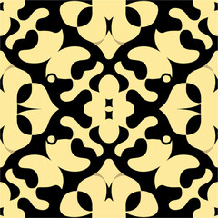 Stunning background in black and yellow, showcasing an intricate design influenced by damask patterns. The seamless symmetry adds elegance to this art nouveau inspired creation.