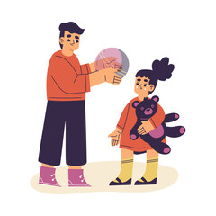 Little Boy Share Ball with Crying Girl Supporting and Comforting Sad Friend Vector Illustration