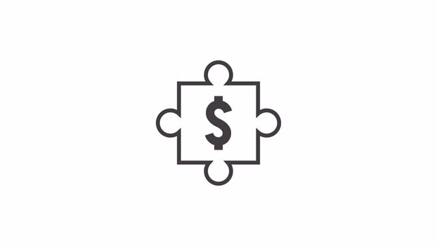 Dollar sign inside a piece of puzzle. Vector icon animation. The background is entirely transparent. It can be used in the desired color background or on another video.