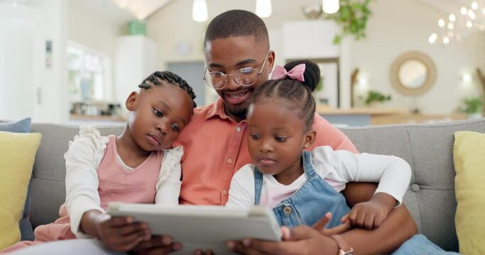 Internet, man with children and with tablet in living room of their home for social media. Technology or family, support or bonding time and black man with his kids together streaming a movie