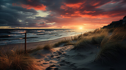 Dunes along the North Sea at sunset, Germany  - obrazy, fototapety, plakaty