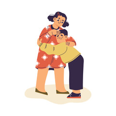 Little Girl Embrace Boy Supporting and Comforting Sad Friend Vector Illustration