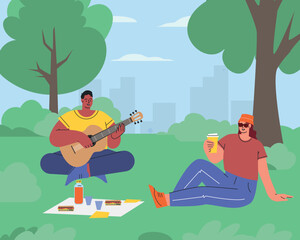 People in the park. Summer vacation and picnic. A man plays the guitar, a girl girl drink coffee. Flat vector illustration. Vector illustration