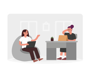 Fototapeta na wymiar Young lady working in coworking. Increasing productivity and efficiency in business using teamwork ideas. Colleagues discussion new project. Vector flat illustration in gray colors