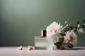 Mock up with perfume bottle and flowers on green gradient background and copy space