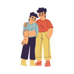 Little Boy Supporting and Comforting Sad Friend Vector Illustration