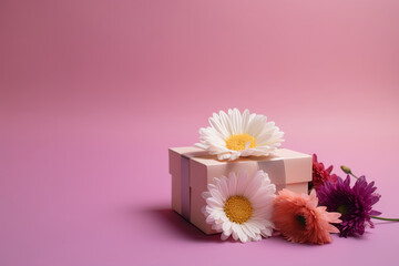 Gift box and ribbon, white flowers on table, blur gradient pink background and copy space