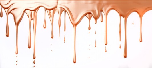 Abstract shiny glittering copper color acrylic paint flowing down over white background, dripping colorful liquid texture. Digital art (Generative Ai)
