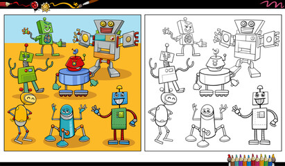 comic robots fantasy characters group coloring page