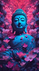 Photo of a blue Buddha statue surrounded by pink flowers.generative ai