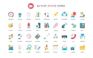 Business communication, approval documents and management, managers workplace symbols, finance presentation and work strategy. Office technology trendy flat icons set vector illustration