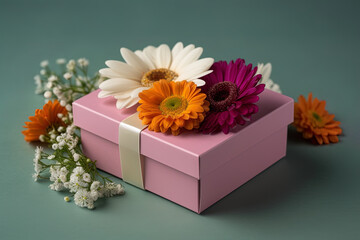 Top view with trendy pink gift box and ribbon on the table and colorful fresh flowers