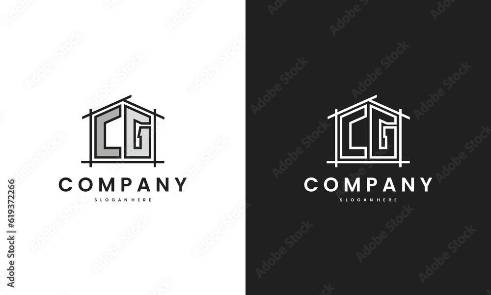 Fototapete initial cg home logo with creative house element in line art style vector design template