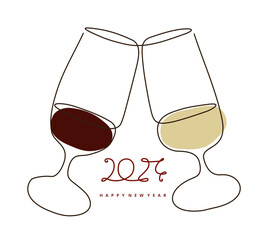 A close-up of modern single line art of two glasses of red and white wine celebrating 2024 new year greeting card. fun, party, elegance, handwritten, happy