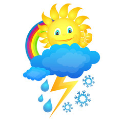 Sun over cloud with rainbow, lightning, snowflake and drops