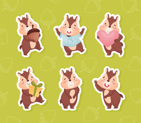 Cute Brown Chipmunk Character in Different Pose Vector Sticker Set