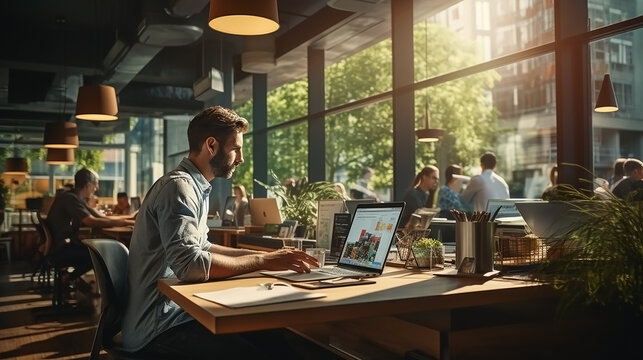 Modern And Sleek Office Environment With A Large Window, Natural Sunlight To Flood The Space, And A Handsome Man In A Casual Sitting Coding Website Working Atmosphere And Computer Desk. Generative AI