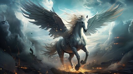Fototapeta na wymiar The mythic horse pegasus with white wings flying in the sky among lightnings