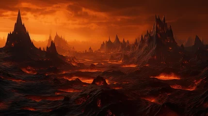 Papier Peint photo Brun End of the world, the apocalypse, Armageddon. Lava flows flow across the planet, hell on earth