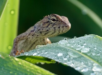 Lizard perching on plant leaf with water drops
