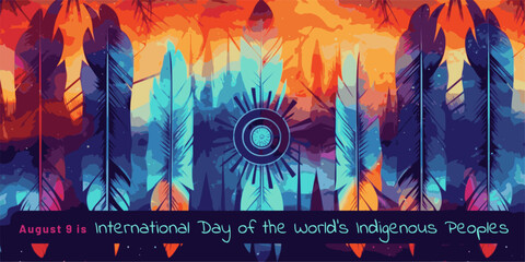 August 9 Indigenous Peoples. Vector banner, poster, card. Background with feathers with text 