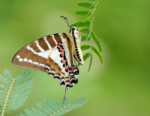 Spot swordtail on a green plant. Graphium nomius.