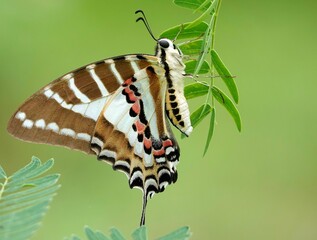 Spot swordtail on a green plant. Graphium nomius.