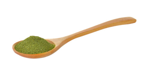 dry green tea in wood spoon on transparent png