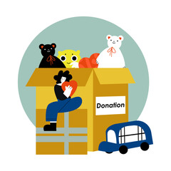 Young female sitting near big cartoon box and holding heart. Help from humanitarian aid organization. Collecting toys. Concept of donation and charity. Vector illustration in yellow colors