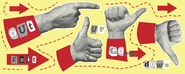 Set of hands, pointer with finger, fists. Halftone style. Collection collage design elements Trendy dotted pop art Vintage grunge punk cutout shapes Riot Retro text cut out letter Vector illustration