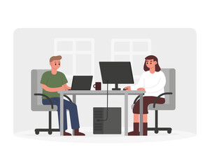 Professional team working on computers in office. Increasing productivity and efficiency in business using teamwork ideas. Colleagues discussion new project. Vector flat illustration in gray colors