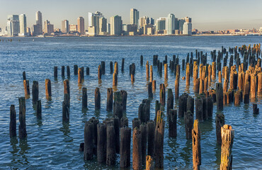 New York Across the Hudson River. View from Jersey Side. Abandoned Pier. NJ, USA