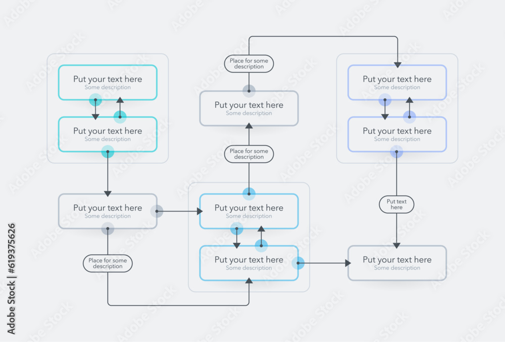 Aufkleber Modern process flow diagram template with three main sections. Flat infographic design with thin lines for website or data presentation.