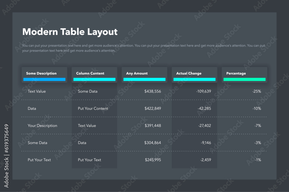 Poster Modern table layout template with a five colorful columns - dark version. Simple flat template for project data visualization.