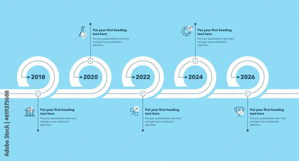 Poster timeline infographic template with five stages - blue version. can be used for your website or prese