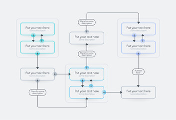 Modern process flow diagram template with three main sections. Flat infographic design with thin lines for website or data presentation.