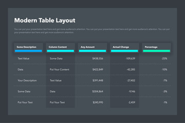 Modern table layout template with a five colorful columns - dark version. Simple flat template for project data visualization.