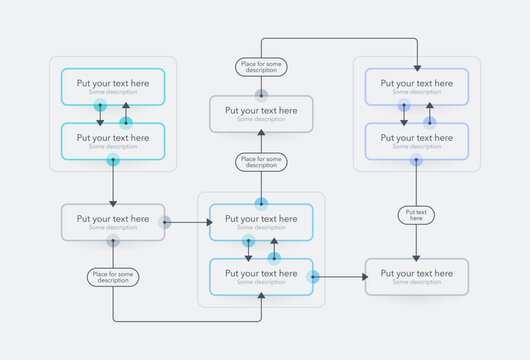 Modern process flow diagram template with three main sections. Flat infographic design with thin lines for website or data presentation.