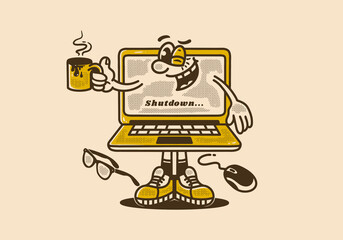 Mascot character design of a laptop holding a coffee mug