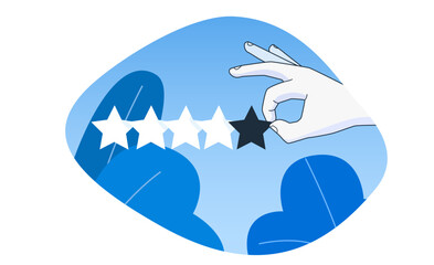 Hand pointing five gold star rating. Simple outline style.