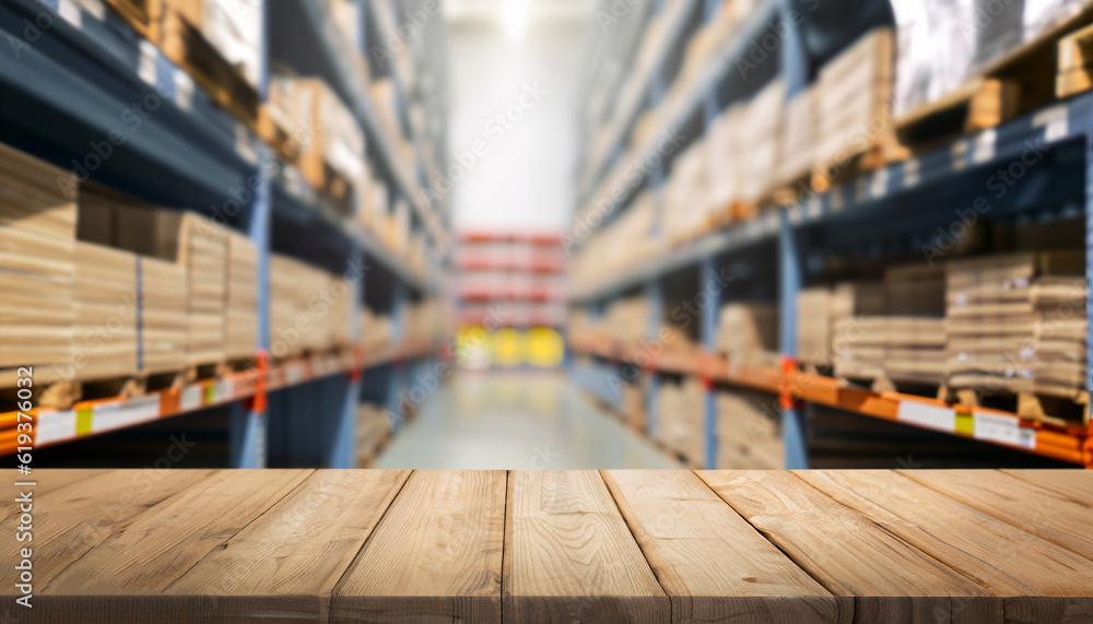 Poster wooden board empty table in front of blurred background. perspective inside of warehouse with aisle 