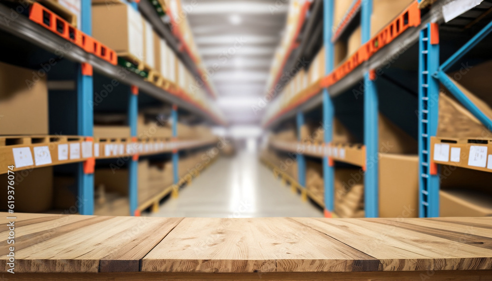 Poster wooden board empty table in front of blurred background. perspective inside of warehouse with aisle 