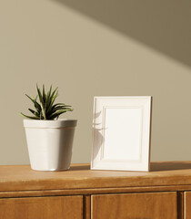 a peace of a little frame mockup poster on the wooden dresser with plant decoration lit by light from the window