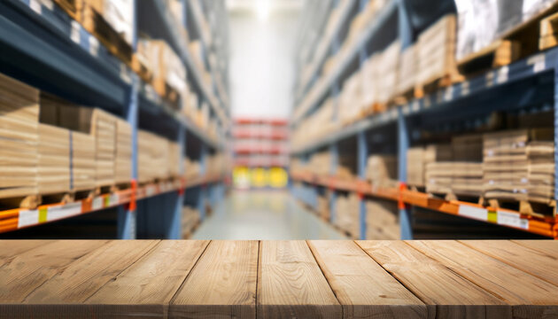 Wooden board empty table in front of blurred background. Perspective inside of warehouse with aisle pallet on high shelf can be used for display