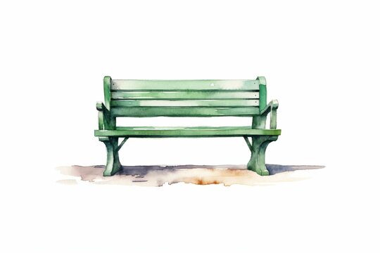 Banc public vert en bois et m&eacute;tal,  dessin sur fond blanc fa&ccedil;on aquarelle, illustration ia g&eacute;n&eacute;rative 