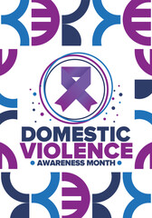 Domestic Violence Awareness Month in October. Celebrate annual in United States. Awareness purple ribbon. Day of Unity. Prevention campaign. Stop women abuse. Poster, banner and background. Vector